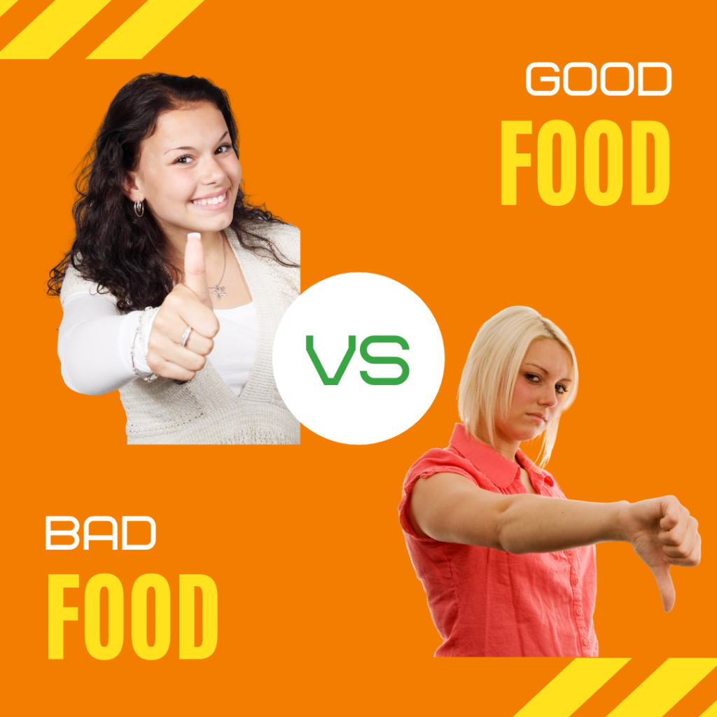 Image of thumbs up lady and thumbs down lady with words Good Food vs Bad Food of Fad Diets